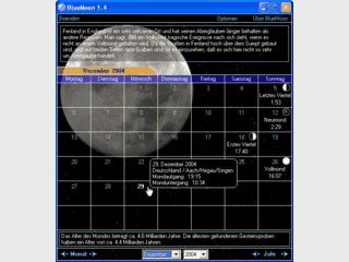 BlueMoon ist ein netter Mondphasenkalender f�r die Traybar mit viel Zusatzinfo.