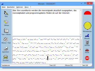 Konvertiert Text in Morsecode und zurck. Akustische Ausgabe der Morsesignale.