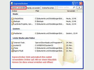 Erm�glicht den schnellen Zugriff auf zuletzt und h�ufig verwendete Ordner.
