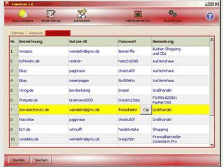 Passwortmanager mit Telefonbuch im Karteikartenstil