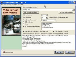 Konvertiert Videodateien der Formate AVI und MPEG in Flash Dateien.