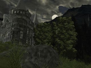 Ein gotisches Schloss bei Wind und Regen.