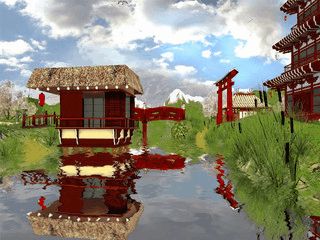 Animierte japanische Gartenlandschaft.