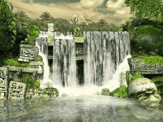 Animeriter Wasserfall in einer Maya-Ruinen-Landschaft.