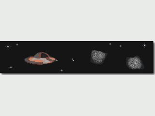 Schner Bildschirmschoner mit UFOs, die durch ein Asteroidenfeld fliegen.