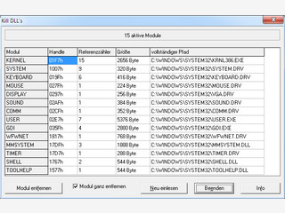 Zeigt alle DLLs an, die zur Zeit geladen sind und erlaubt auch die Entladung