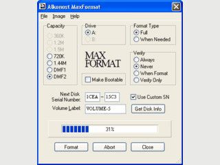 Erweiterte Formatier-Funktionen fr Disketten. ber-Formatierung bis zu 1.72 MB