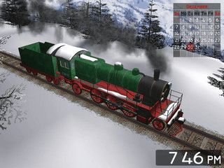 3D Bildschirmschoner der einen fahrenden Zug in einer Winterlandschaft zeigt.