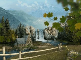 Ein animierter Wasserfall in einer leicht surreal wirkenden landschaft