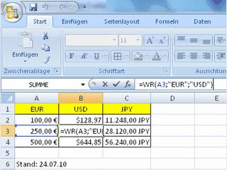 Add-In erweitert MS Excel zur Umrechnung von 33 tagesaktuellen Whrungen.