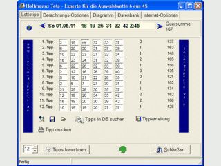 Berechnet optimierte Tippreihen fr Auswahlwette 6 aus 45 Toto und Auswertung