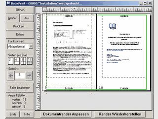 Druckt papiersparend mit 2, 4, 8, oder 16 Seiten pro Blatt im Buchformat